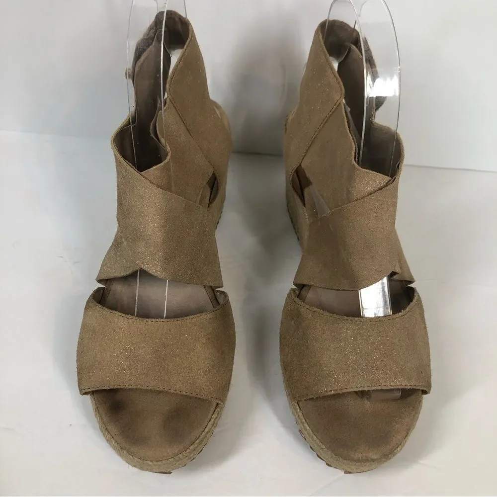 Eileen Fisher Willow Tumbled Leather Wedge Espadrille Sandals Shoes Tan 7.5